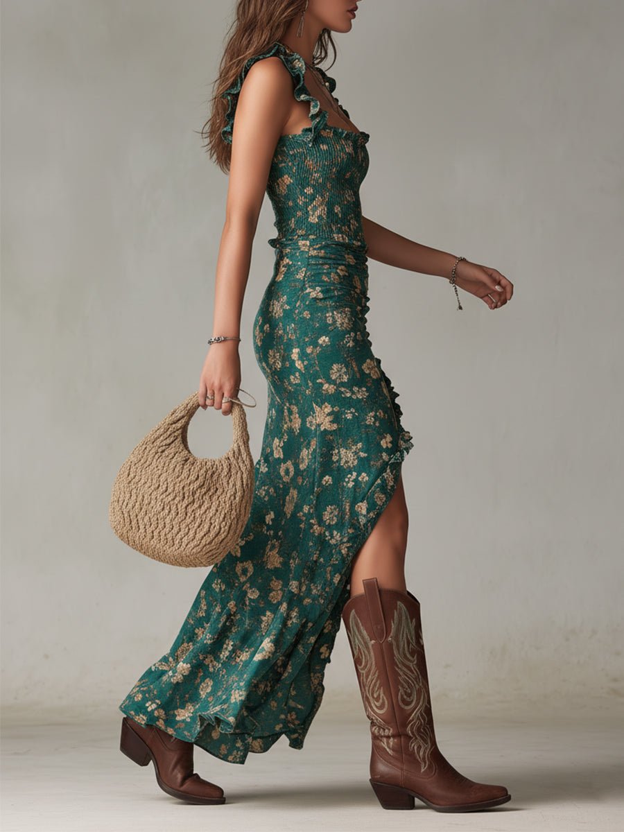 Tiered Floral Maxi Dress with Ruffle Straps and Leg Split