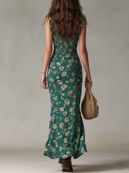 Tiered Floral Maxi Dress with Ruffle Straps and Leg Split