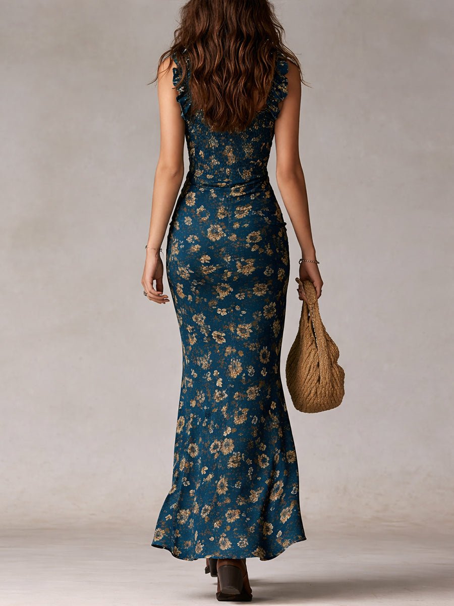 Tiered Floral Maxi Dress with Ruffle Straps and Leg Split