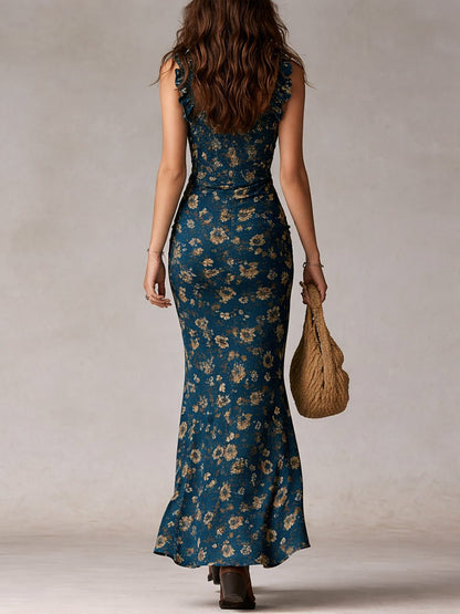 Tiered Floral Maxi Dress with Ruffle Straps and Leg Split
