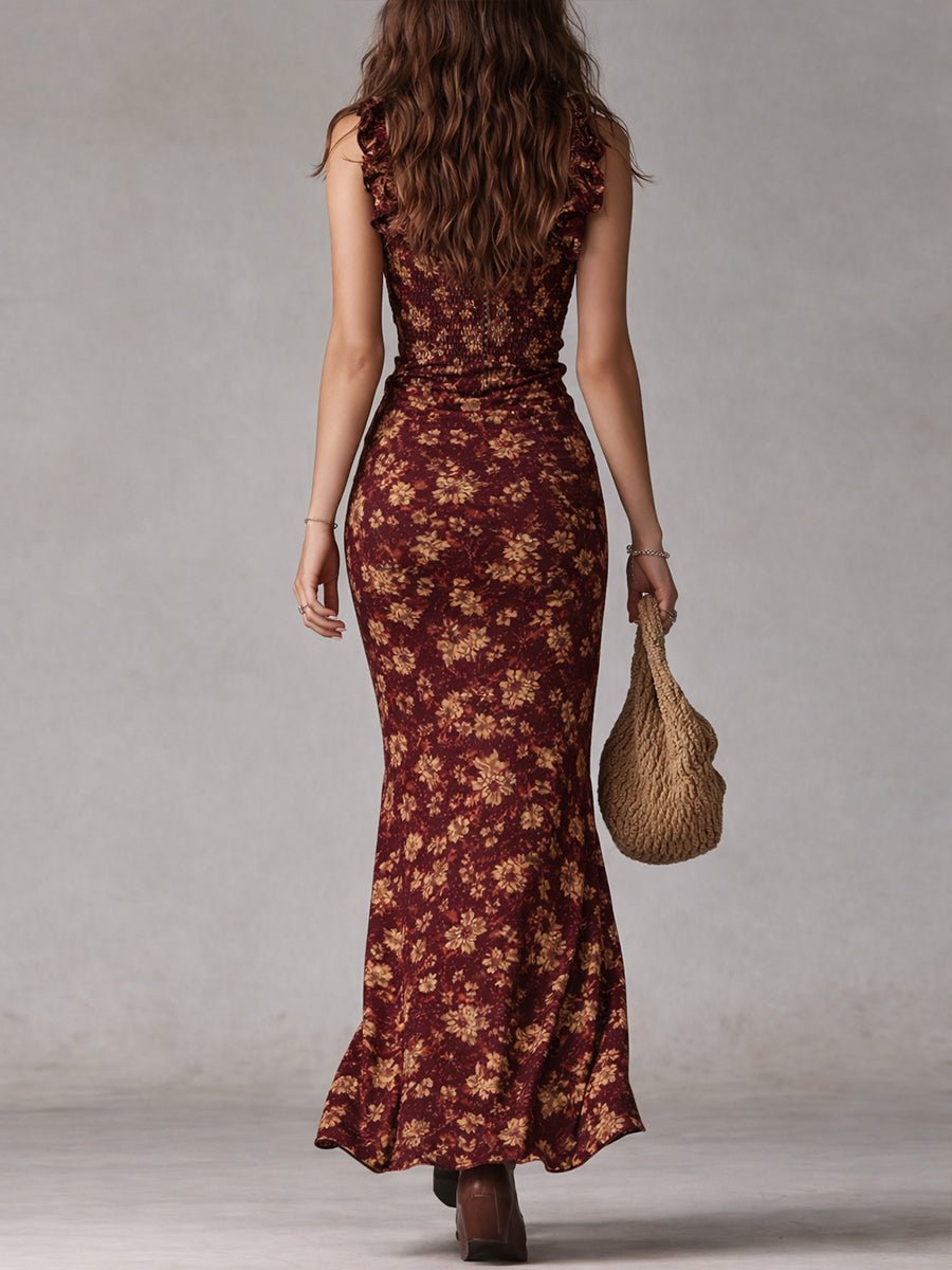 Tiered Floral Maxi Dress with Ruffle Straps and Leg Split