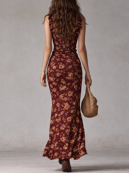 Tiered Floral Maxi Dress with Ruffle Straps and Leg Split