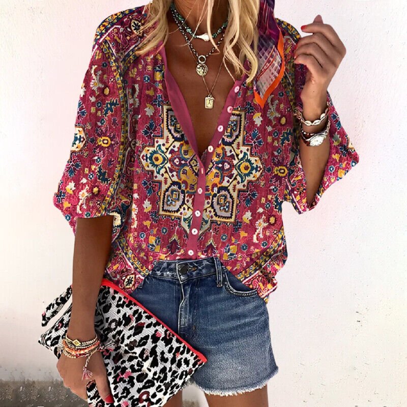Floral V-Neck Long Sleeve Blouse