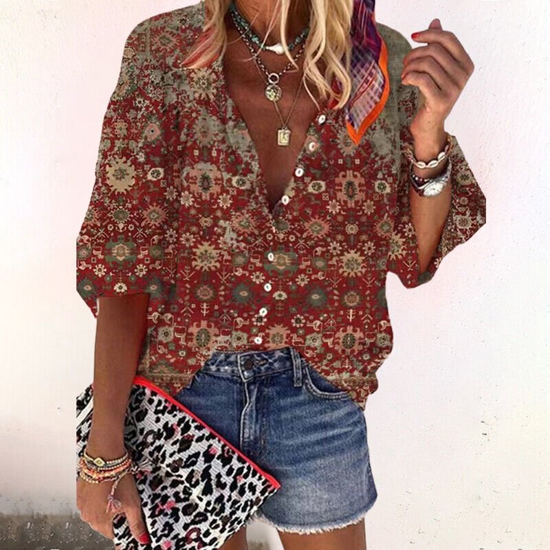 Floral V-Neck Long Sleeve Blouse