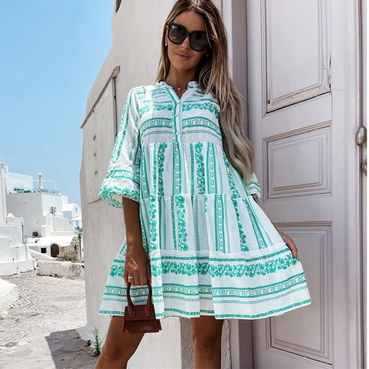 Boho Tiered Tunic Dress in Green and White