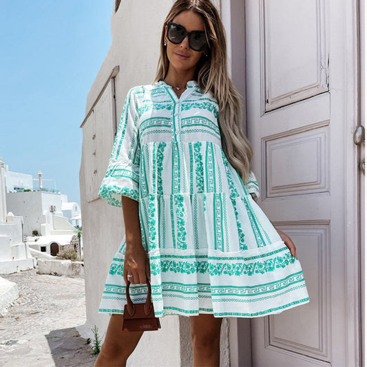 Boho Tiered Tunic Dress in Green and White