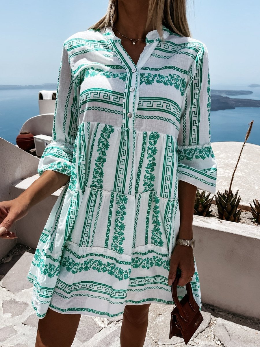 Boho Tiered Tunic Dress in Green and White