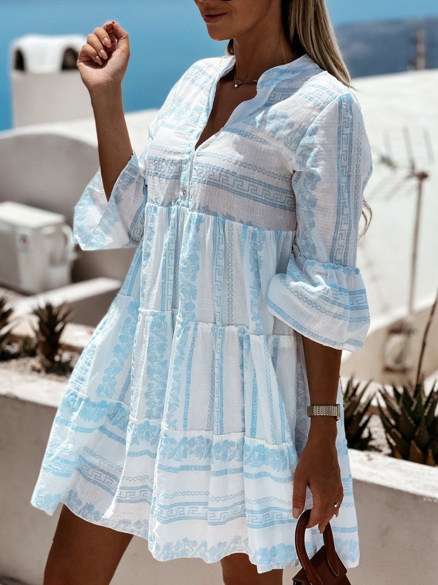 Boho Tiered Tunic Dress in Green and White