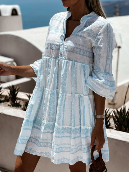 Boho Tiered Tunic Dress in Green and White