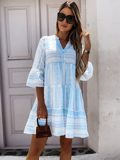 Boho Tiered Tunic Dress in Green and White