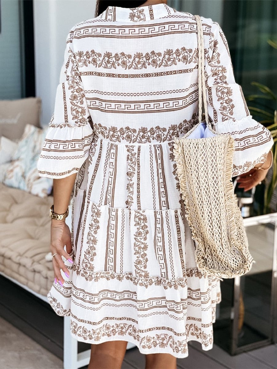 Boho Tiered Tunic Dress in Green and White