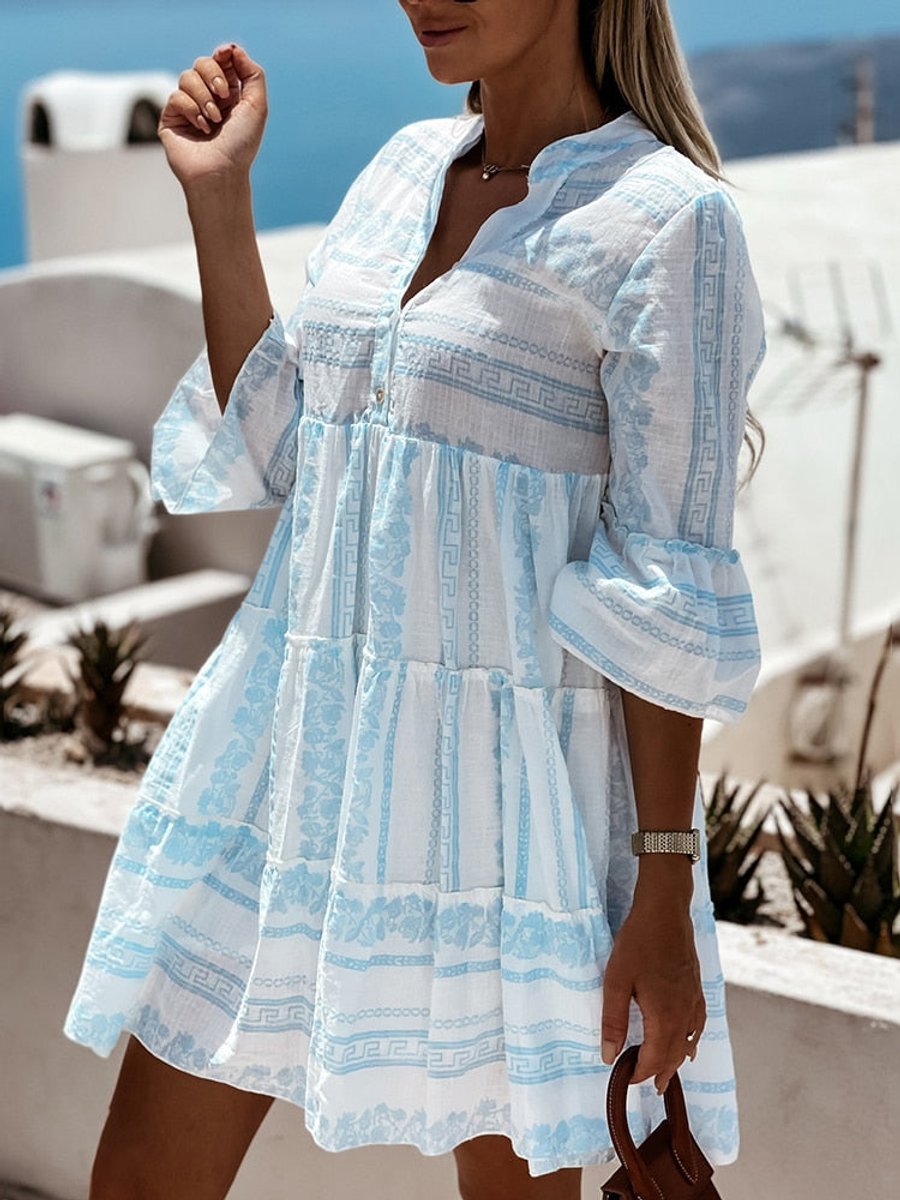 Boho Tiered Tunic Dress in Green and White