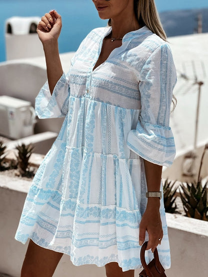 Boho Tiered Tunic Dress in Green and White