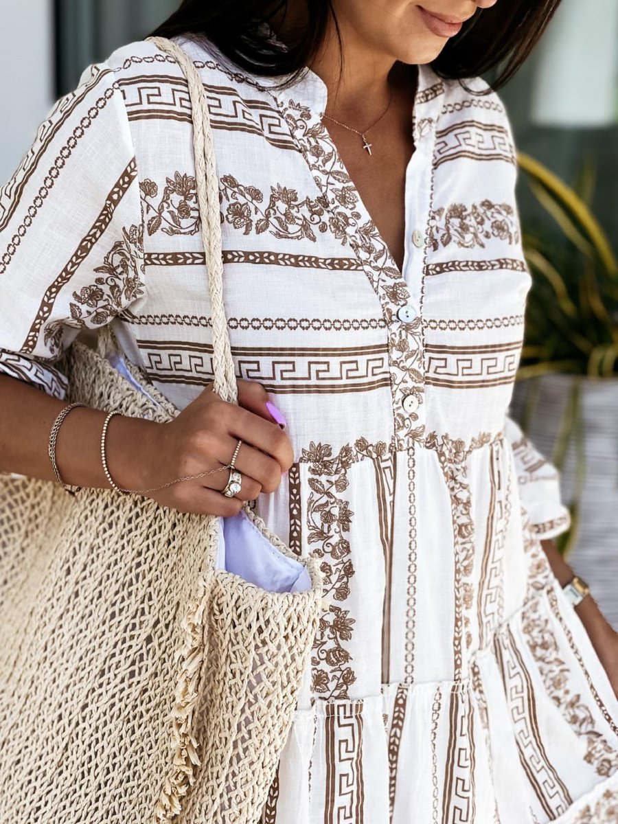 Boho Tiered Tunic Dress in Green and White
