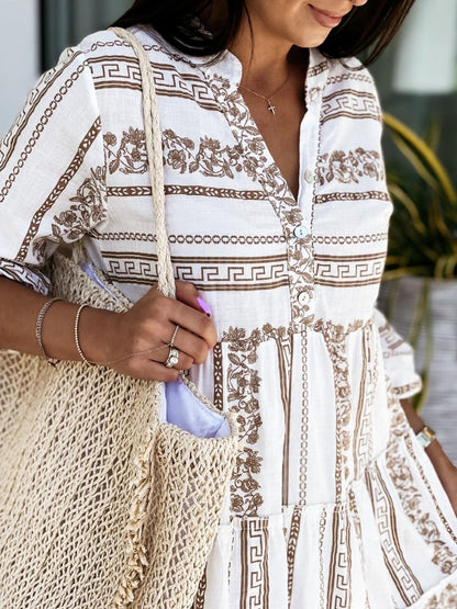 Boho Tiered Tunic Dress in Green and White