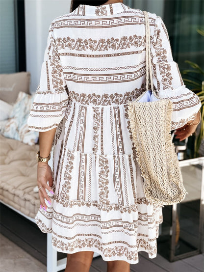 Boho Tiered Tunic Dress in Green and White