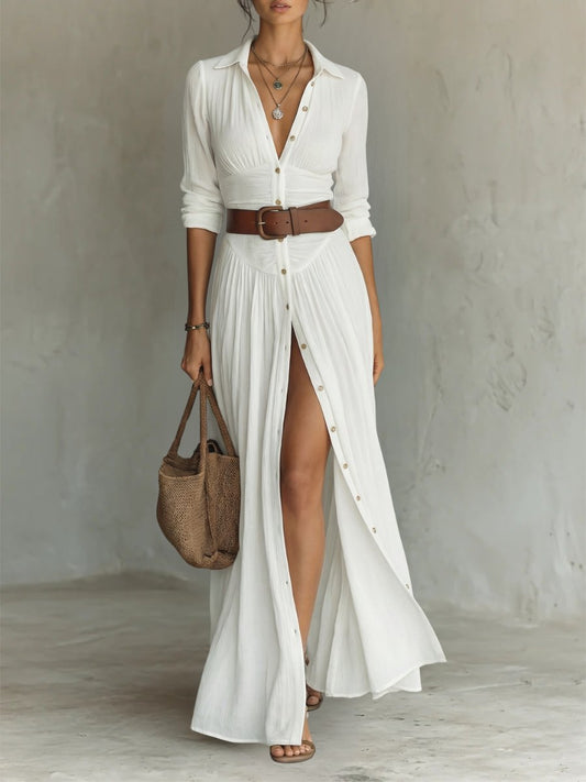 Button-Front Maxi Shirt Dress with Belt
