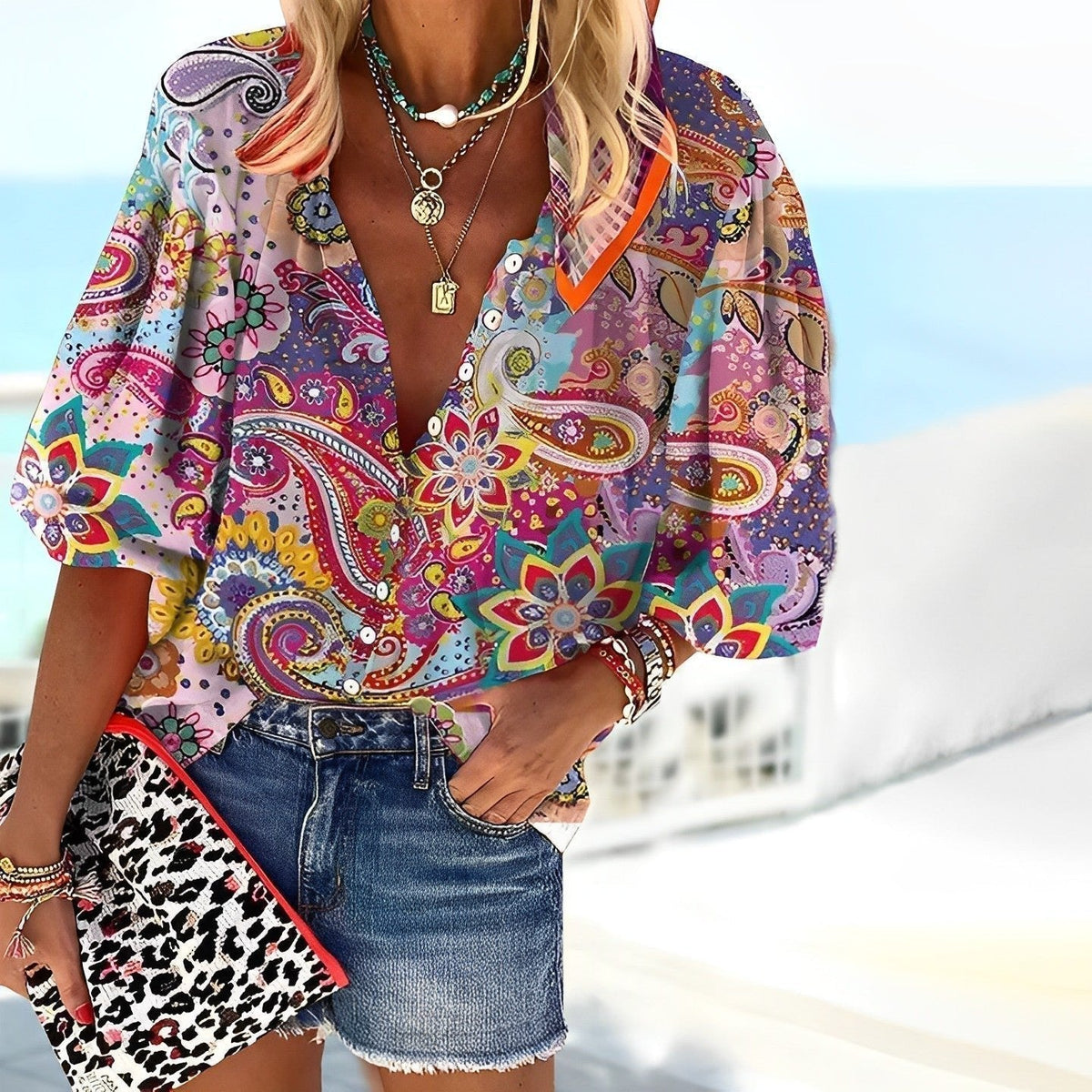 Paisley Print Three-Quarter Sleeve V-Neck Blouse