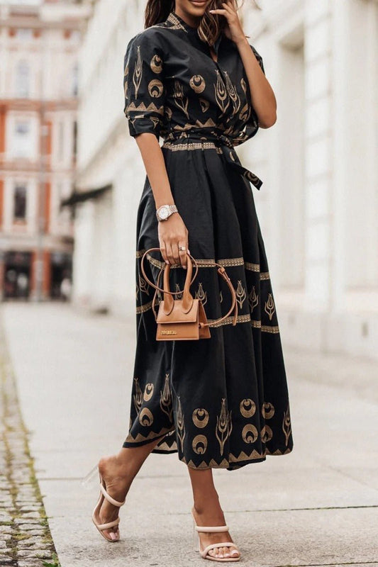 Printed Boho Midi Dress with Self-Tie Belt