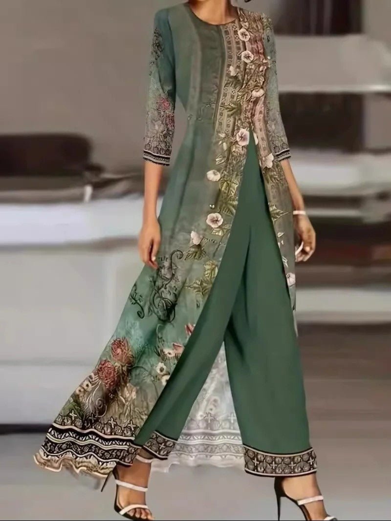 Foliage Print Tunic Top and Wide-Leg Trouser Set