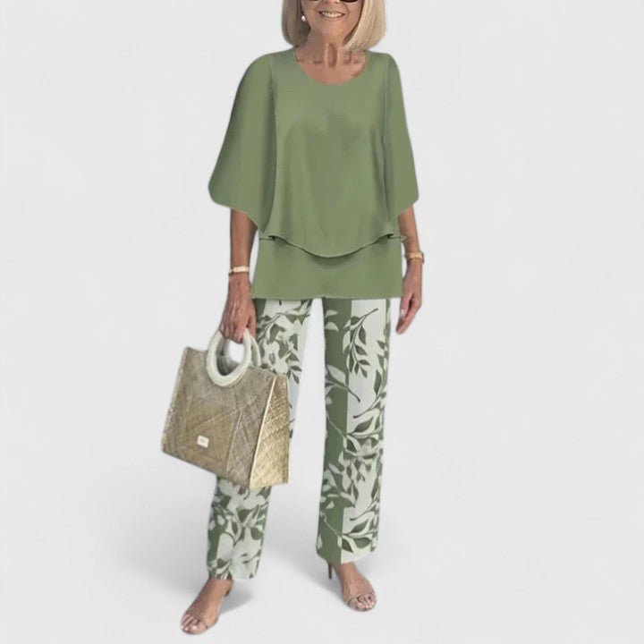 Relaxed Batwing Top and Wide-Leg Botanical Pants Set