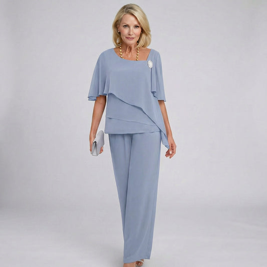 Cape Sleeve Chiffon Blouse & Wide-Leg Evening Pant Set