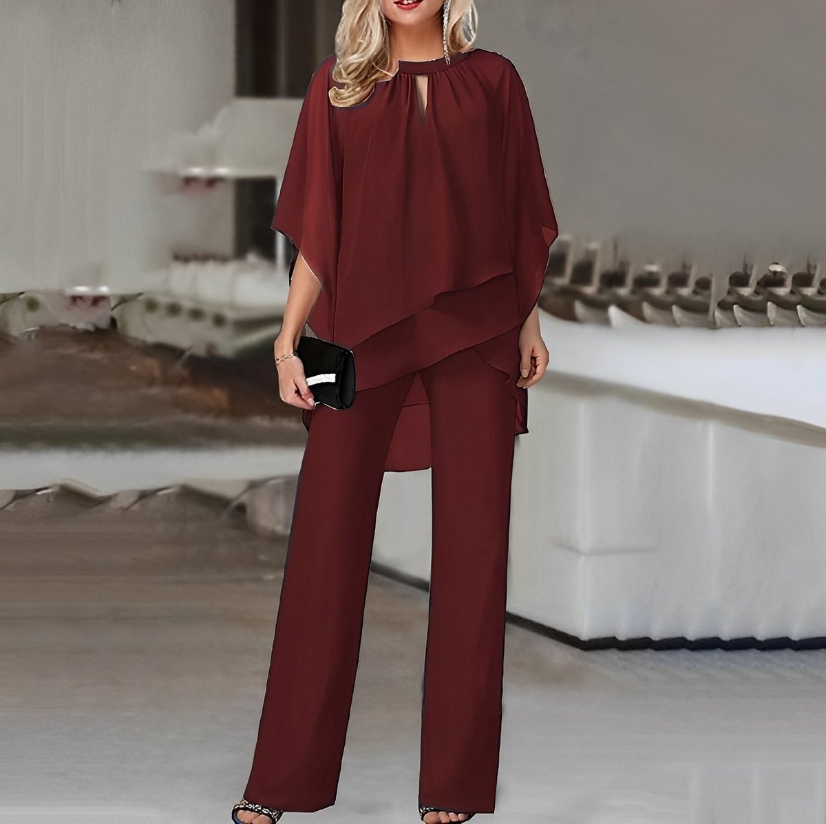 Women's Flowing Layered Chiffon Top and Wide-Leg Trouser Set