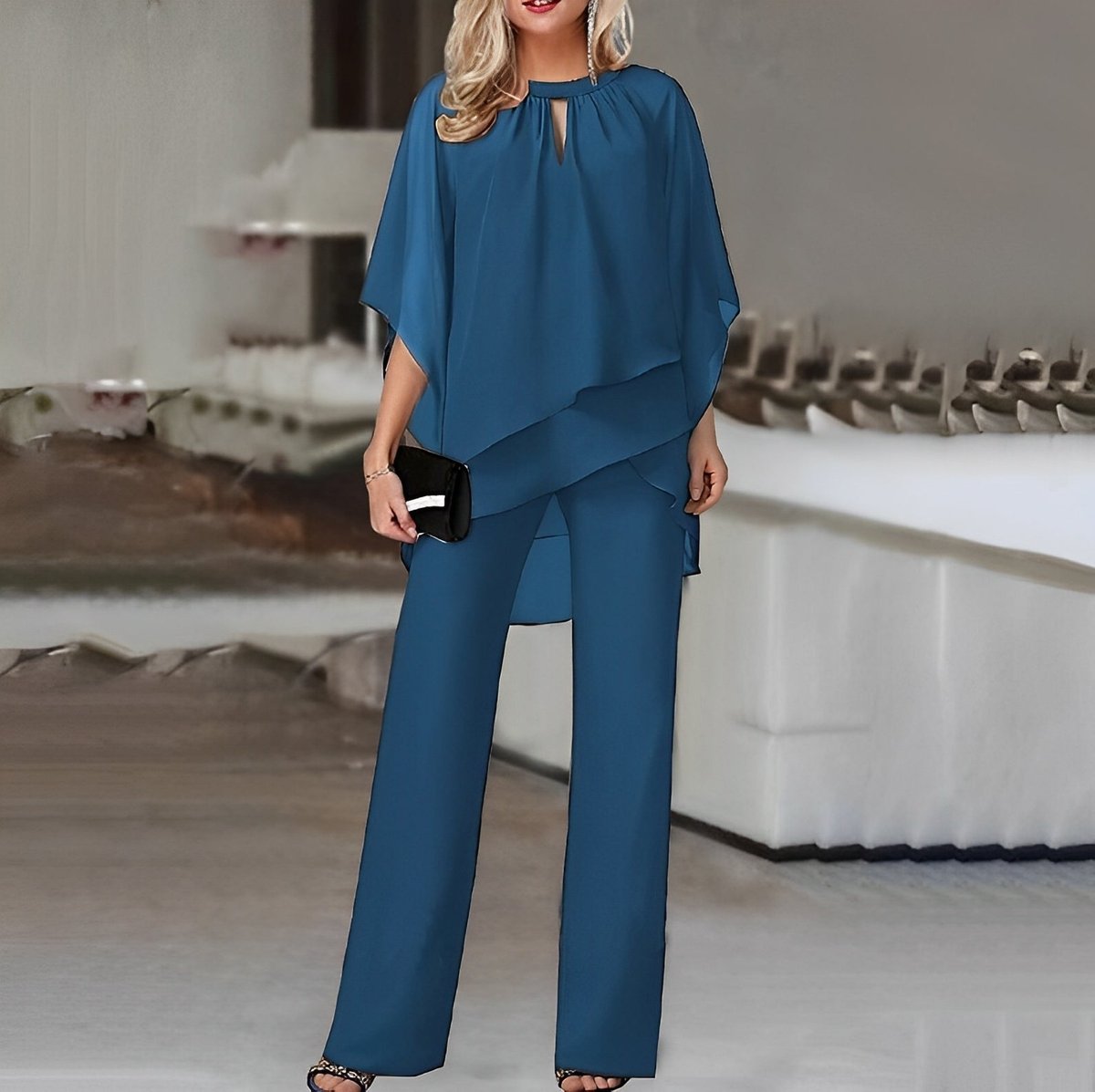 Women's Flowing Layered Chiffon Top and Wide-Leg Trouser Set