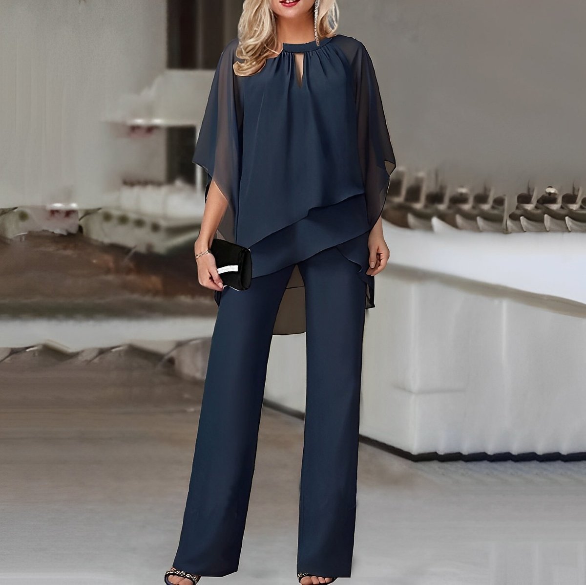 Women's Flowing Layered Chiffon Top and Wide-Leg Trouser Set