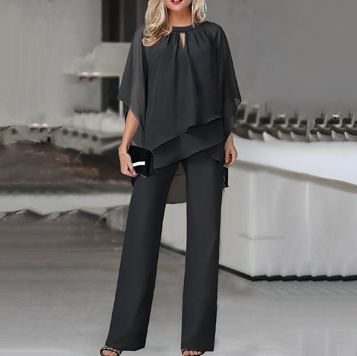 Women's Flowing Layered Chiffon Top and Wide-Leg Trouser Set