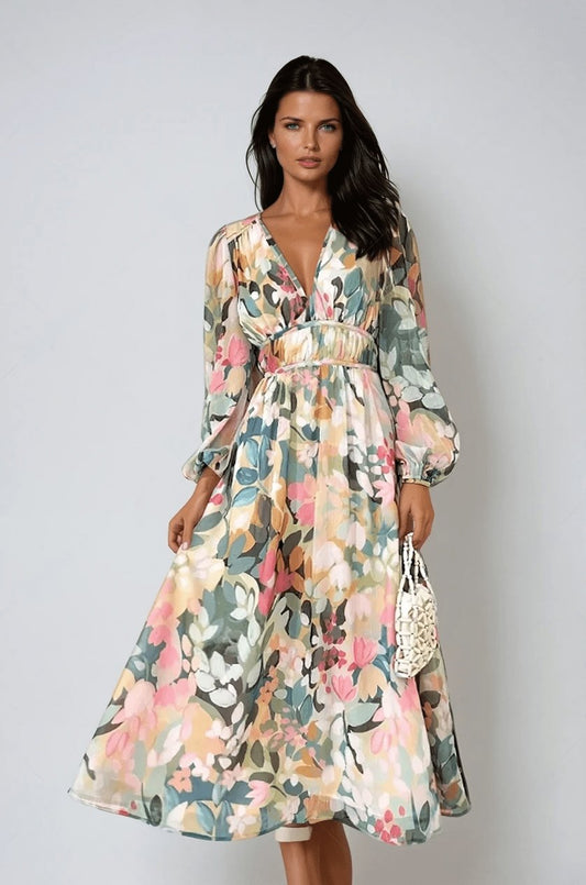 Puff Sleeve Floral Chiffon Midi Dress