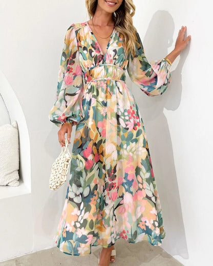 Puff Sleeve Floral Chiffon Midi Dress