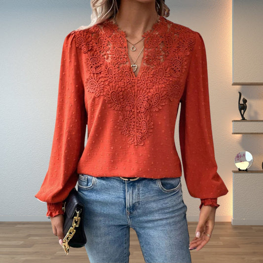 Lace-Trimmed Dobby Dot V-Neck Blouse