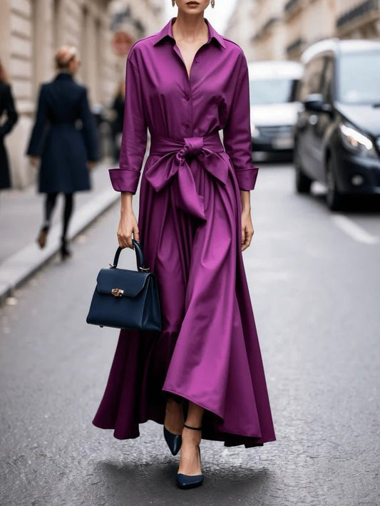 Long Sleeve Maxi Shirt Dress with Waist Tie