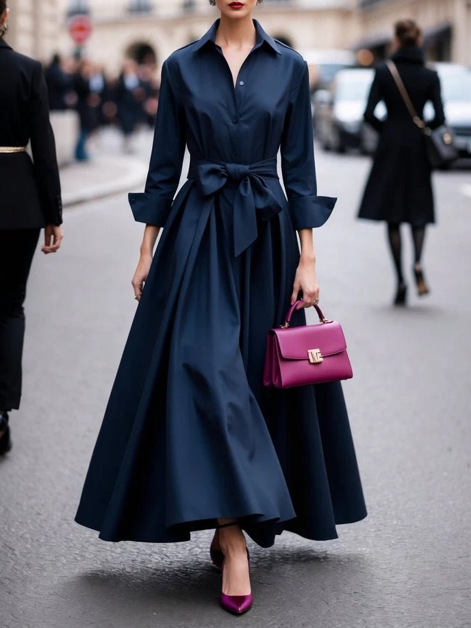 Long Sleeve Maxi Shirt Dress with Waist Tie
