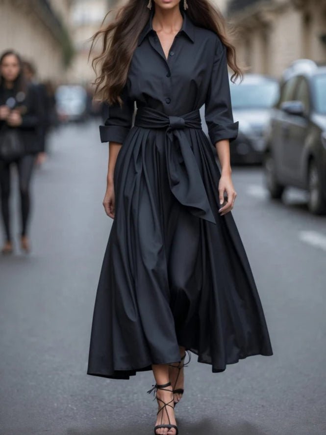 Long Sleeve Maxi Shirt Dress with Waist Tie