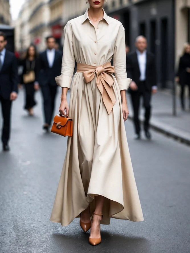 Long Sleeve Maxi Shirt Dress with Waist Tie