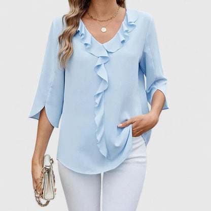 Ruffle-Trim V-Neck Blouse with 3/4 Sleeves
