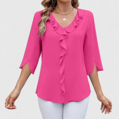 Ruffle-Trim V-Neck Blouse with 3/4 Sleeves