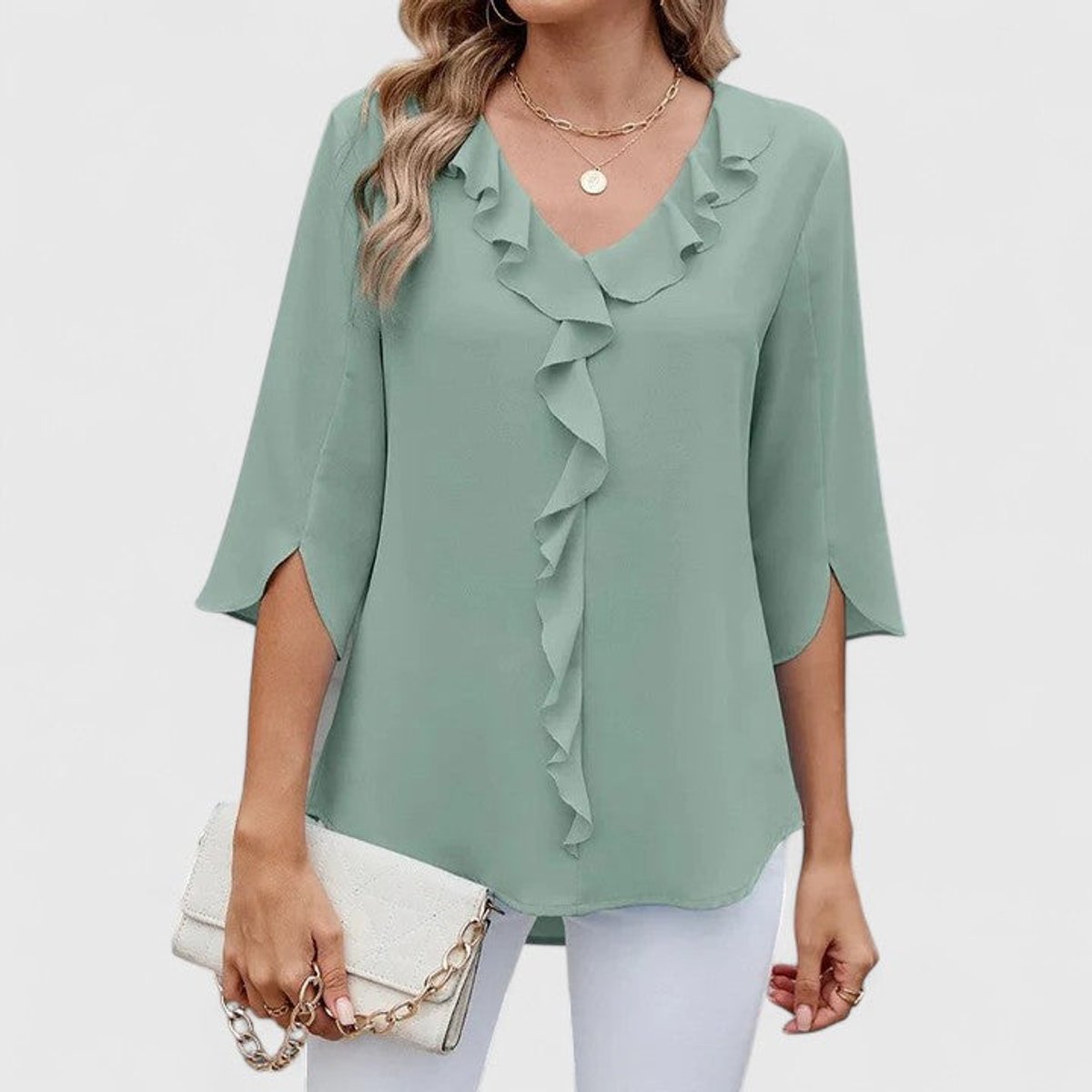Ruffle-Trim V-Neck Blouse with 3/4 Sleeves