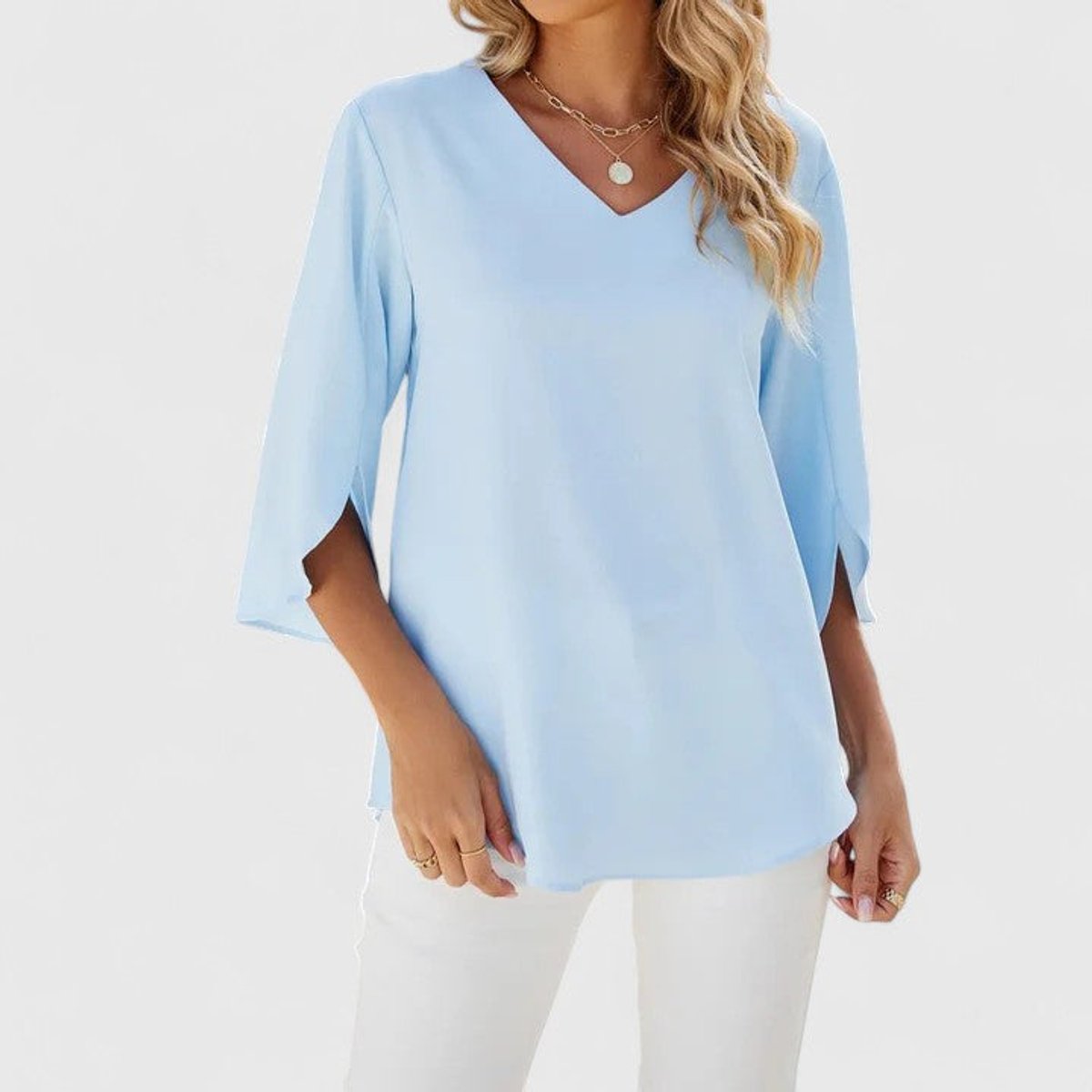 Ruffle-Trim V-Neck Blouse with 3/4 Sleeves