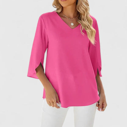 Ruffle-Trim V-Neck Blouse with 3/4 Sleeves