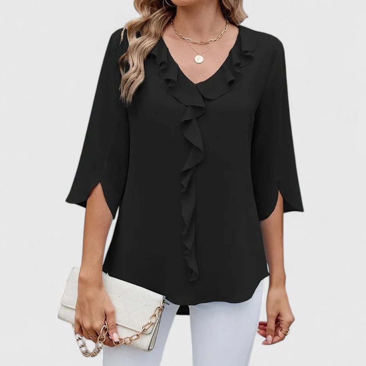 Ruffle-Trim V-Neck Blouse with 3/4 Sleeves