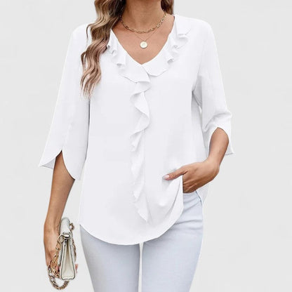 Ruffle-Trim V-Neck Blouse with 3/4 Sleeves