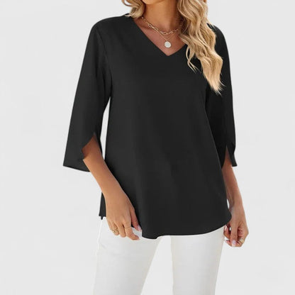 Ruffle-Trim V-Neck Blouse with 3/4 Sleeves