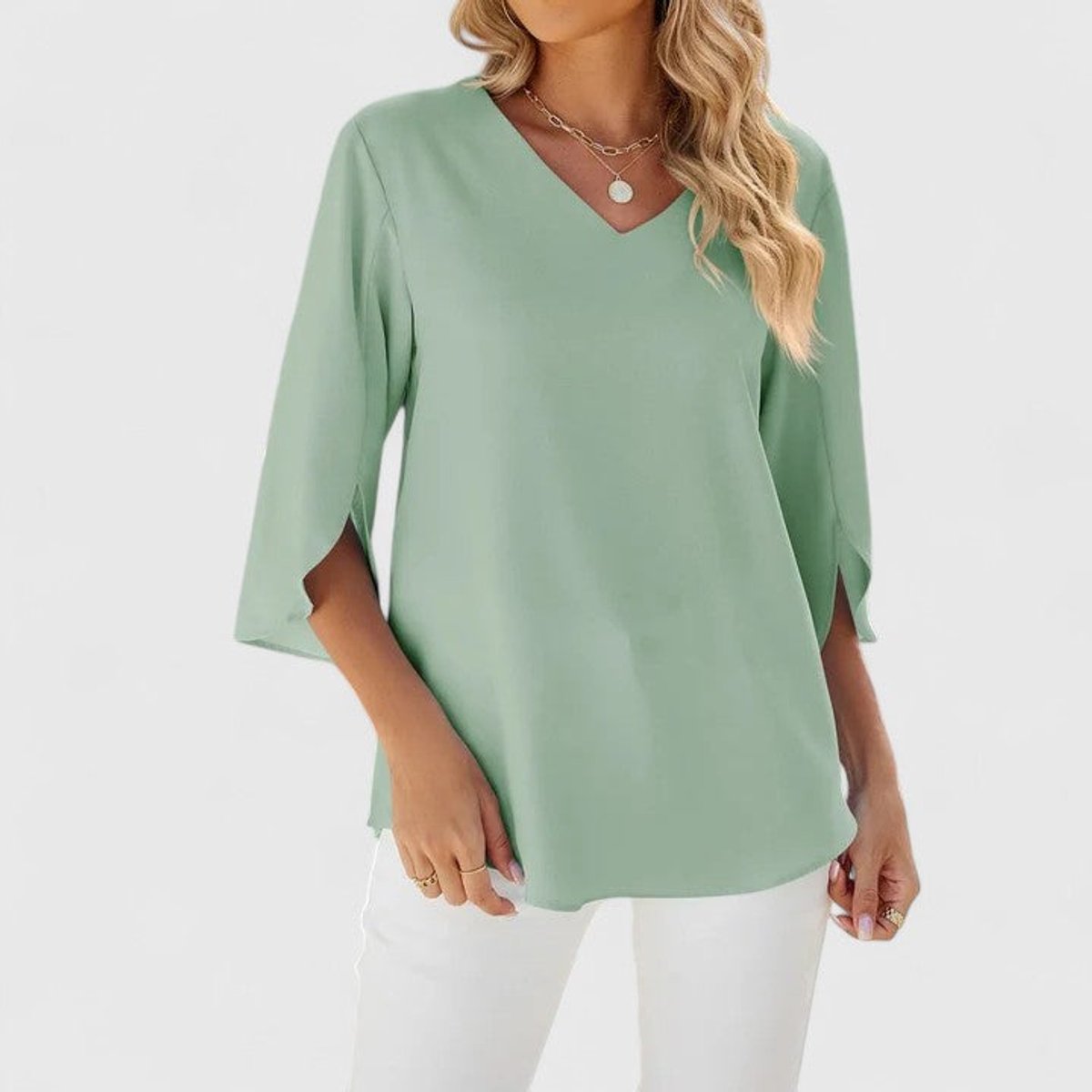 Ruffle-Trim V-Neck Blouse with 3/4 Sleeves