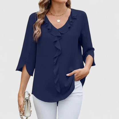 Ruffle-Trim V-Neck Blouse with 3/4 Sleeves