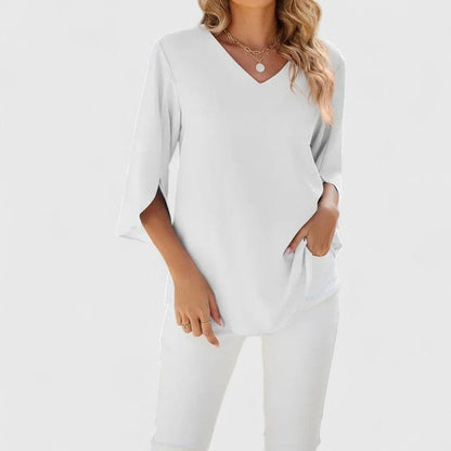 Ruffle-Trim V-Neck Blouse with 3/4 Sleeves
