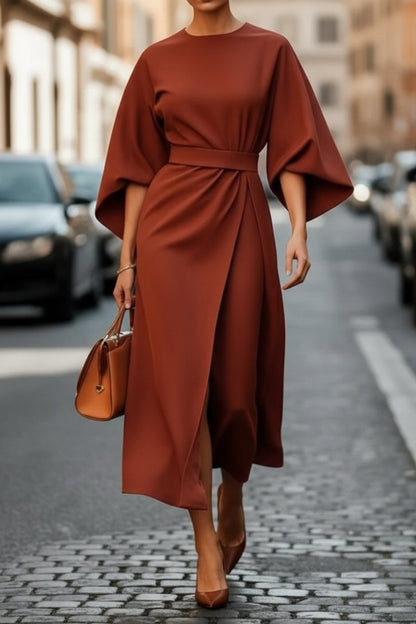 Lantern Sleeve Tie-Waist Cocktail Midi Dress