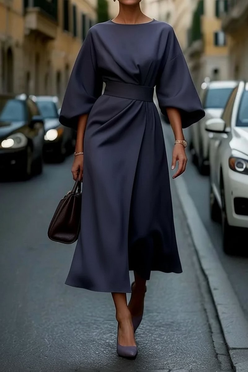 Lantern Sleeve Tie-Waist Cocktail Midi Dress